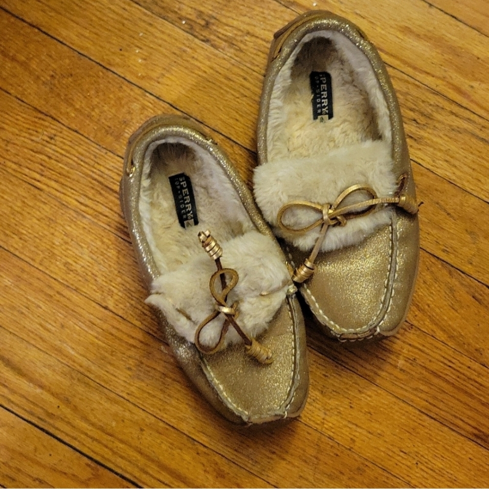 Sperry Top Sider Fur Lined Gold Shimmer Leather Upper Moccasins Size 7